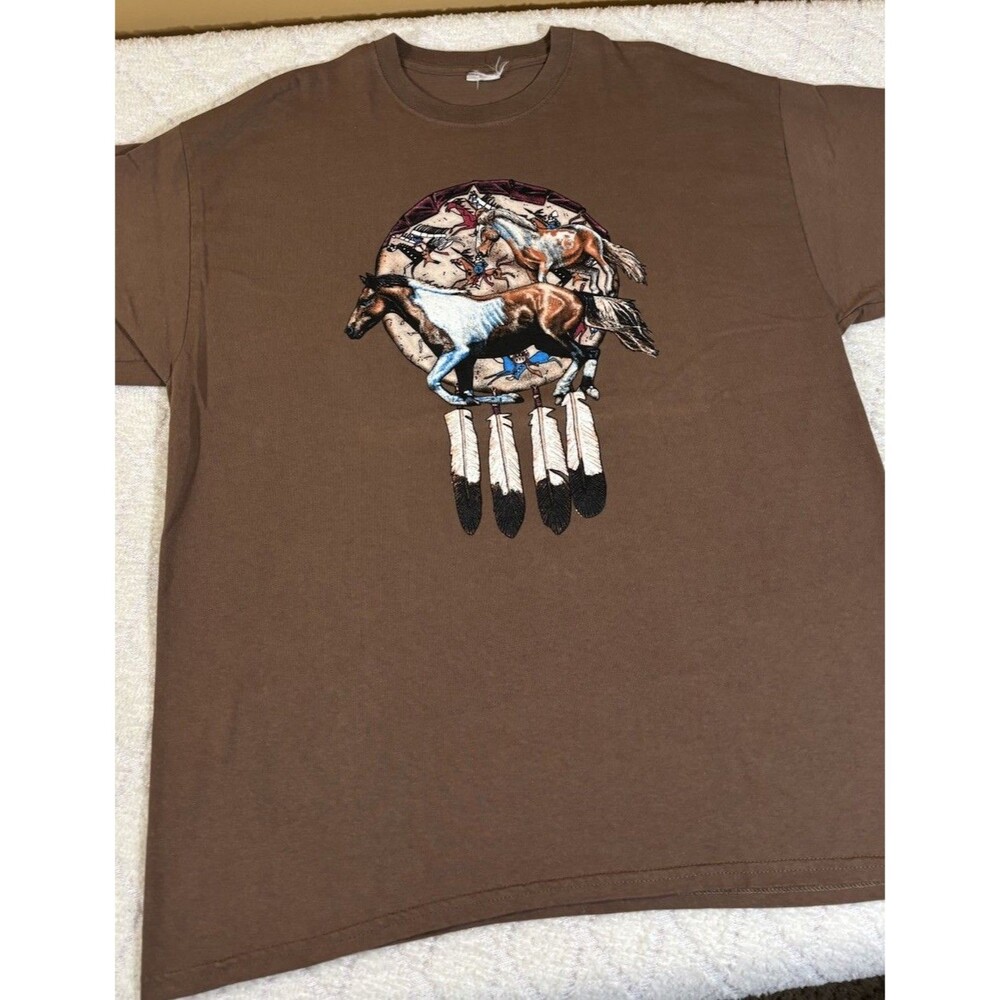 Vintage Native American Warriors Horse Riding Dream catcher Graphic Brown Tee L - Picture 5 of 9